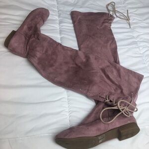 Mauve/lgt pink suede OTK boots with lace up back
